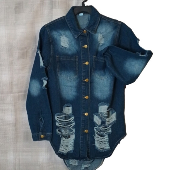 Deconstructed Denim Button Up Long Sleeve Tunic Length Shirt L - Picture 1 of 5